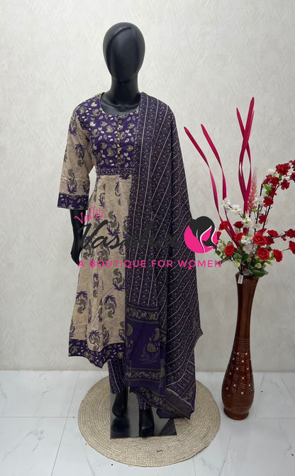 Ready Made - Anarkali - Salwar, Kameez & Duppatta(3pc)- Printed Cotton - VVAS012