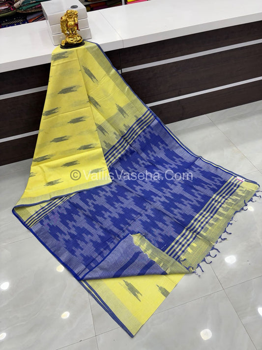 Bhagalpuri Linen Cotton Saree - Ikkat Print - Yellow With Blue  Shade - VVBLC001