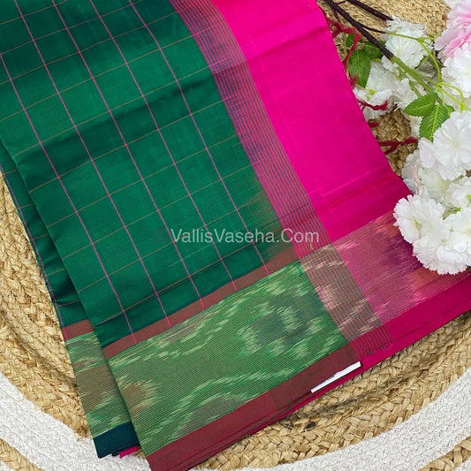 Semi Silk Cotton Saree - Dark Green & Pink  - VVSSC001