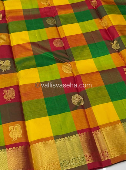 Pre Booking - 4 to 6 weeks - Pure Kanchipuram Silk Saree - Pazhum Pazhamum Checks - VVPS006