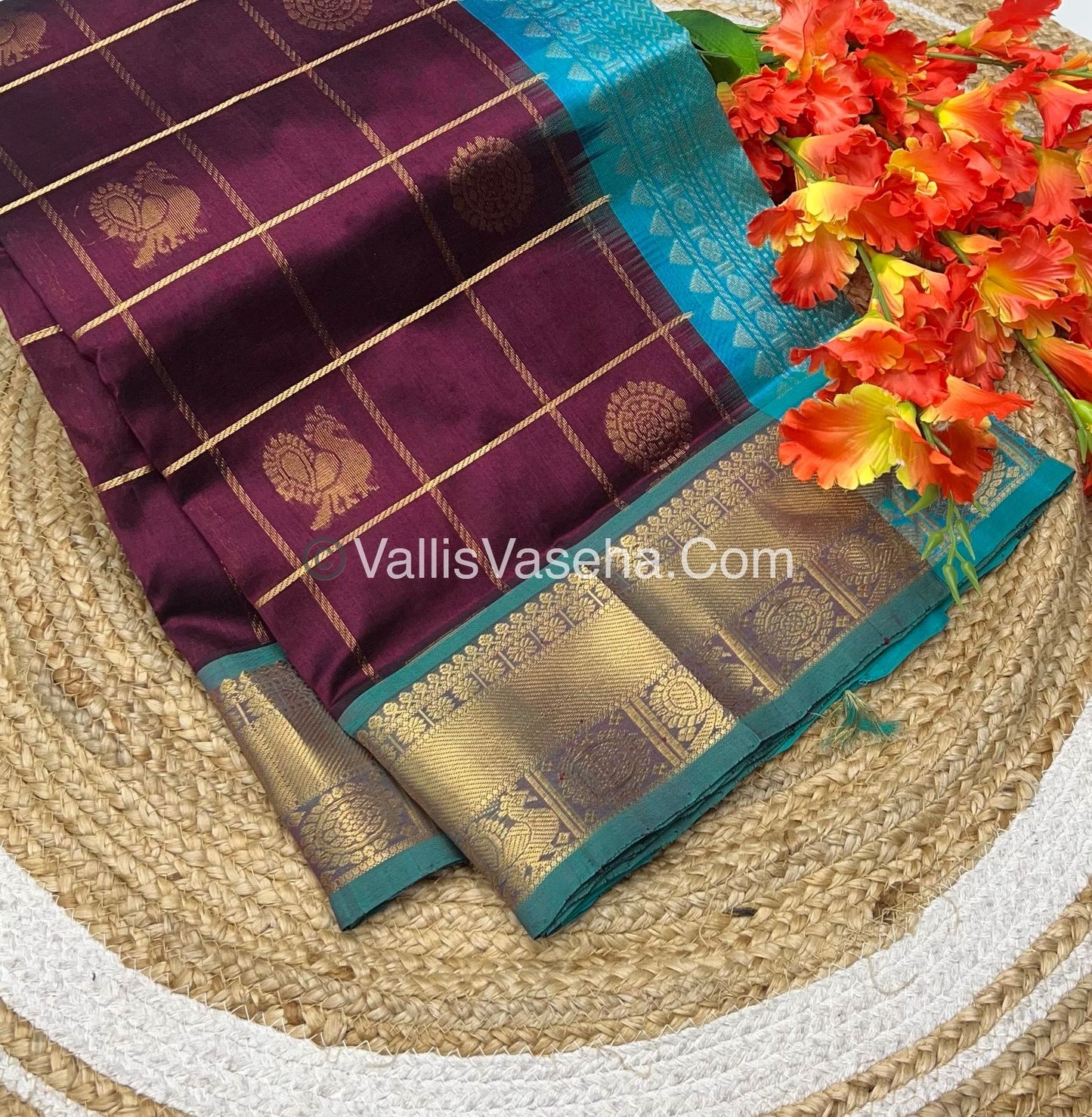 Pure Silk Cotton Saree - Mayil & Chakkaram Design - Wine With Blue - VVMC001