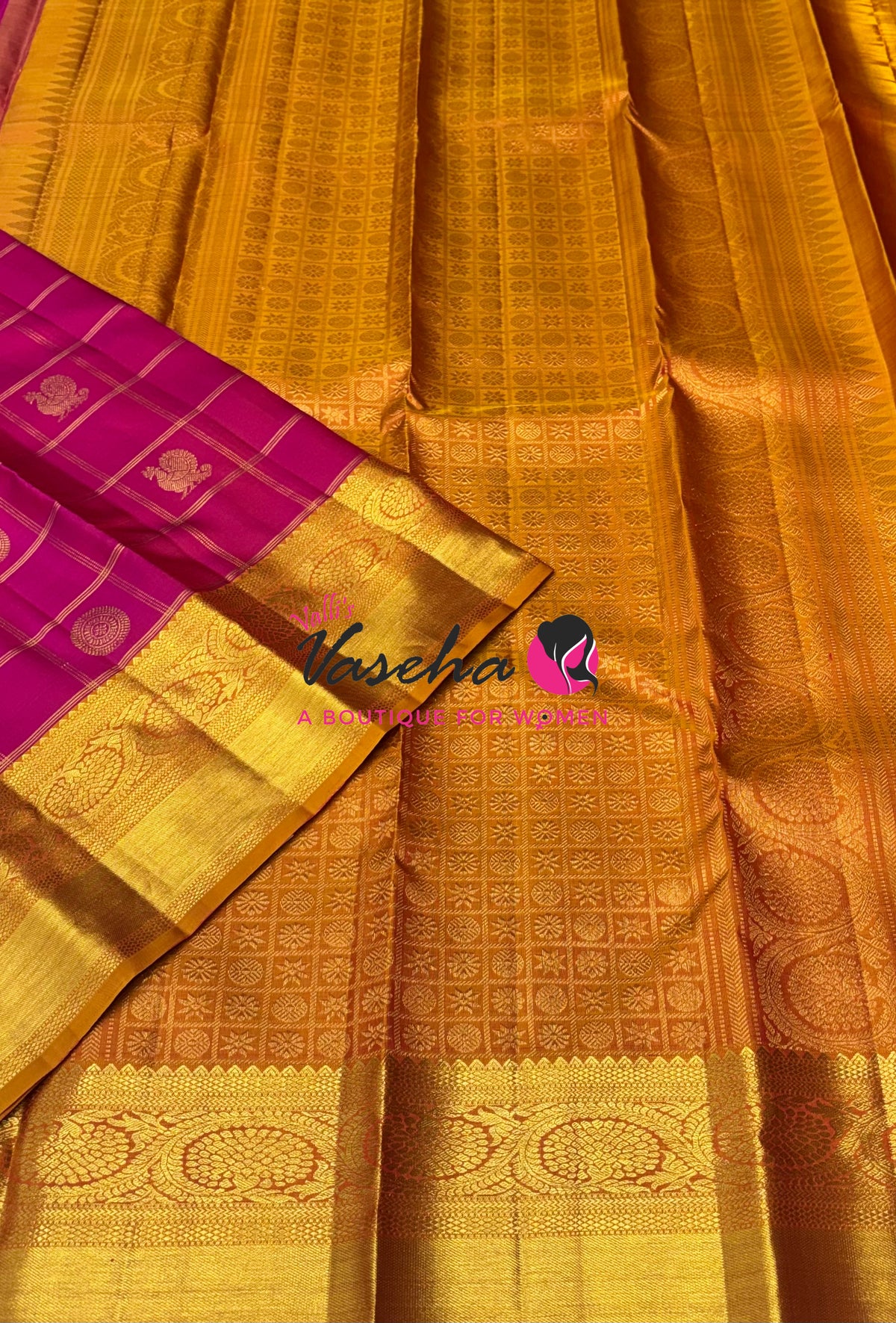 Pure Kanchipuram Silk Saree - Pink  With Mango Yellow - VVPS097