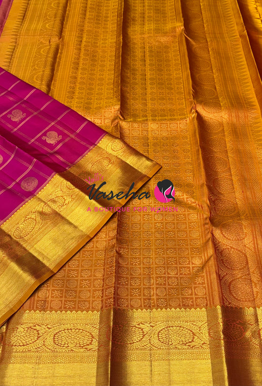 Pure Kanchipuram Silk Saree - Pink  With Mango Yellow - VVPS097