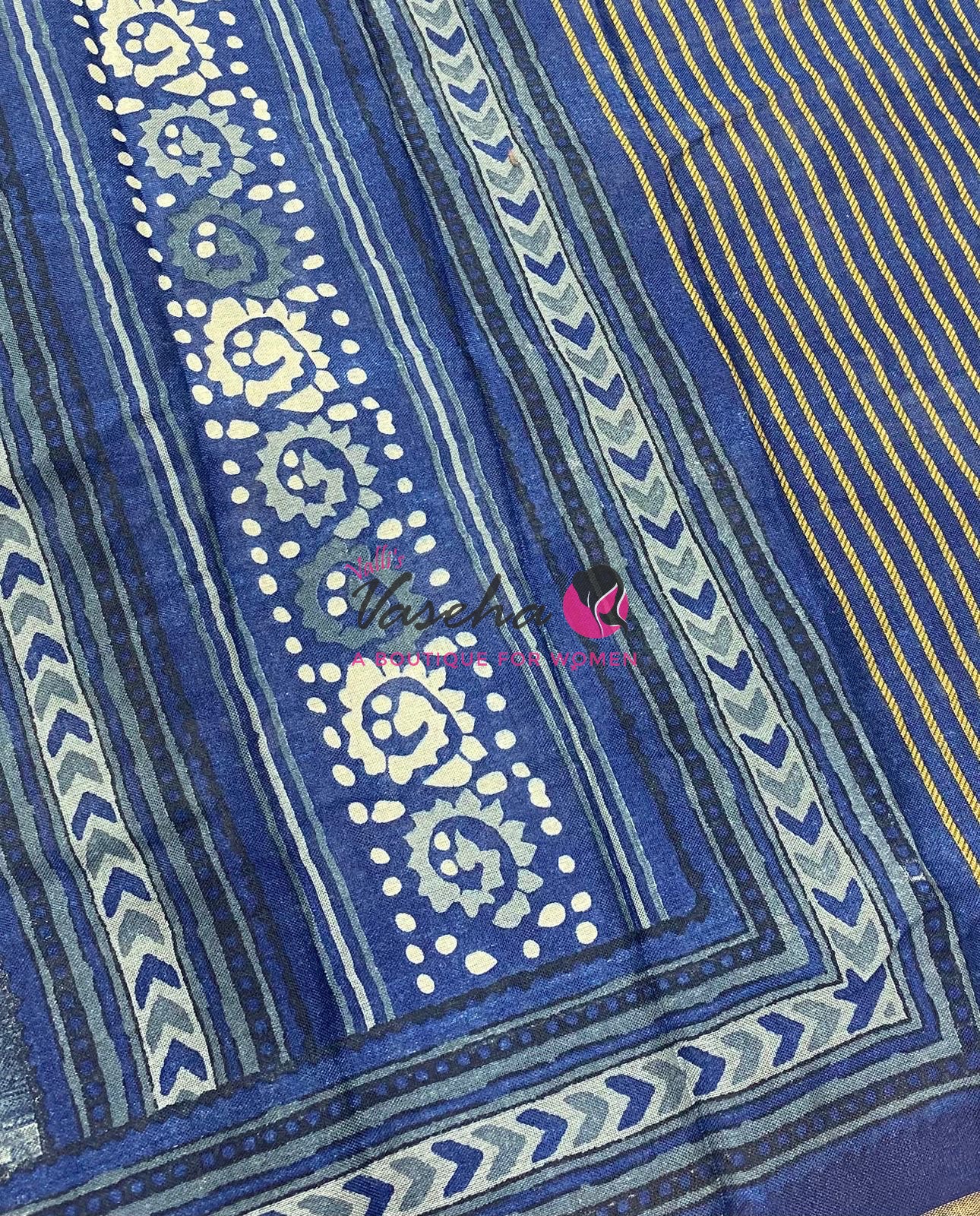 Semi Maheshwari Mixed Cotton Saree - Linen Feel - Indigo Blue - VVMSC008