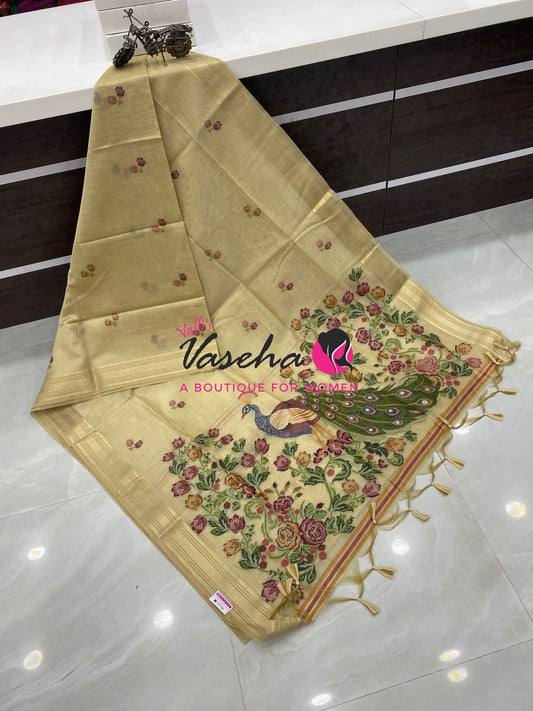 Muga Tissue Linen Saree - Cream    Shade - VVMLT001