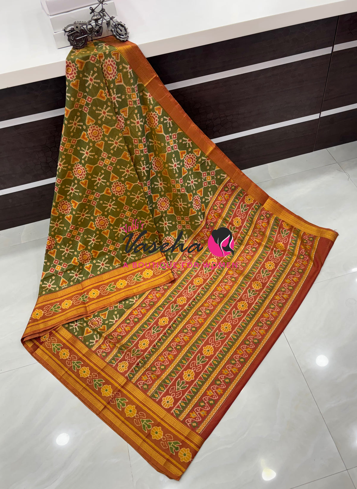 Semi Patola / Art Silk Saree - Green With Rust Orange Combo - VVSPS001