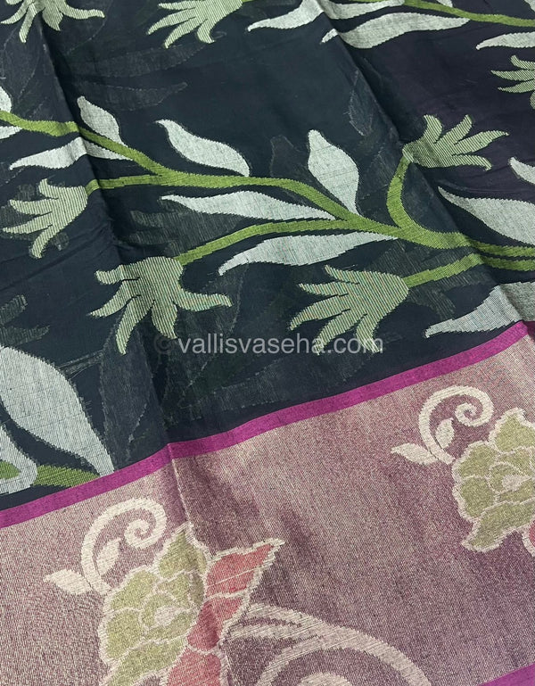 Banarasi Pochampally Weaving Semi Soft Cotton Saree - Black with Purplish Pink - VVBPS001