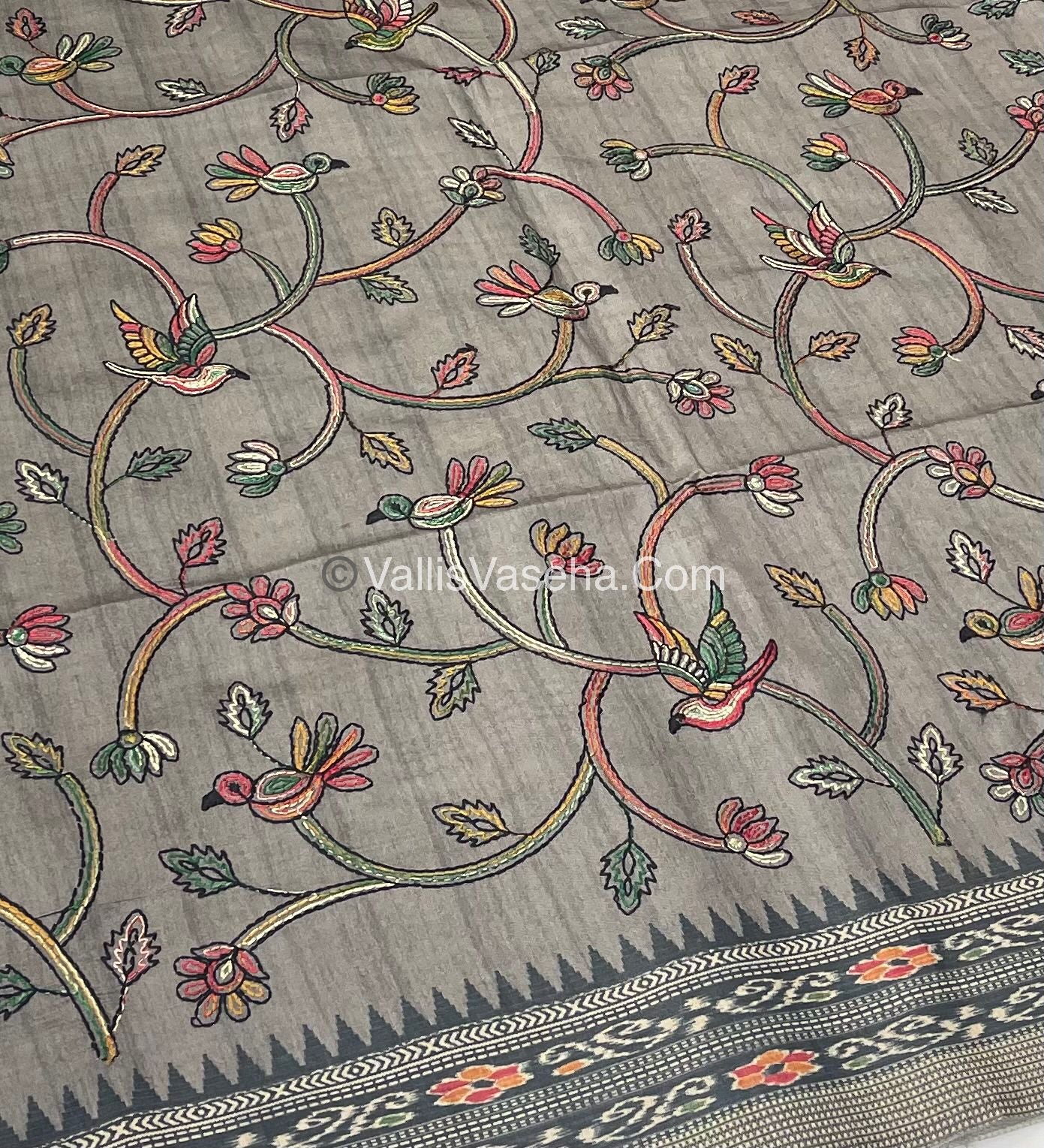 Semi Tussar - Kantha Work Embroidery - Grey Shade - VVSTK001