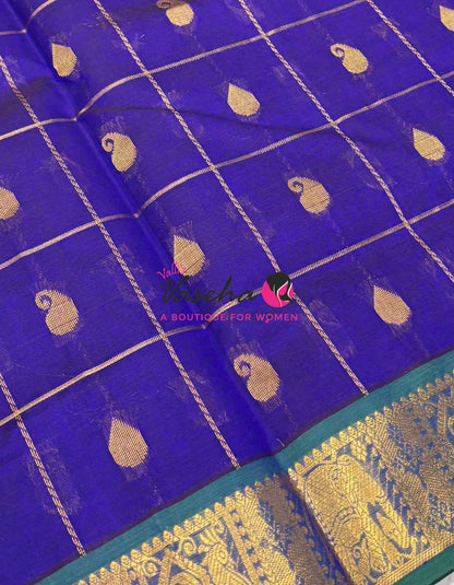 Pure silk  Cotton Saree - Checked Pattern with Butta - Violetish Blue & Green Shade - VVSCC005