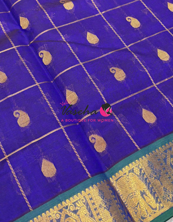 Pure silk  Cotton Saree - Checked Pattern with Butta - Violetish Blue & Green Shade - VVSCC005