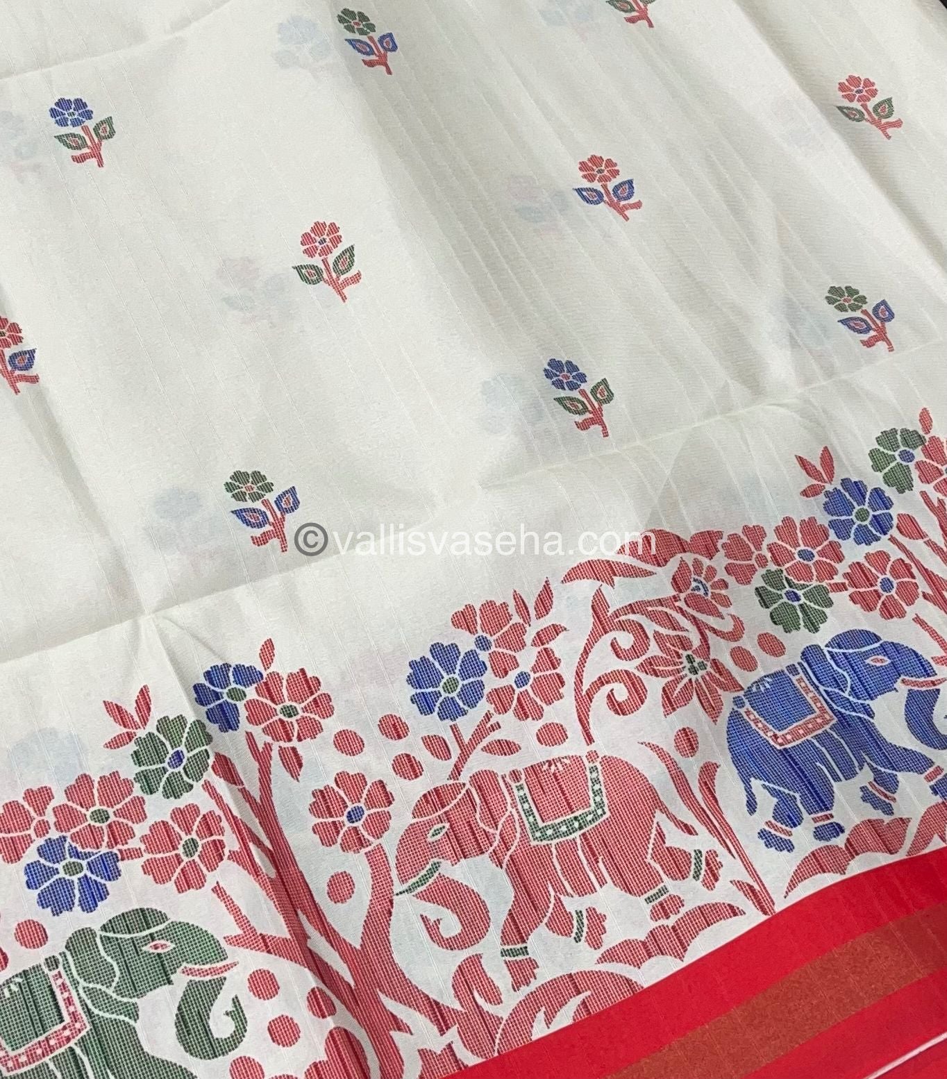Semi Tussar / Semi Chappa Silk |Peacock Design | - Cream & Peachish Red Combo - VVSTS018