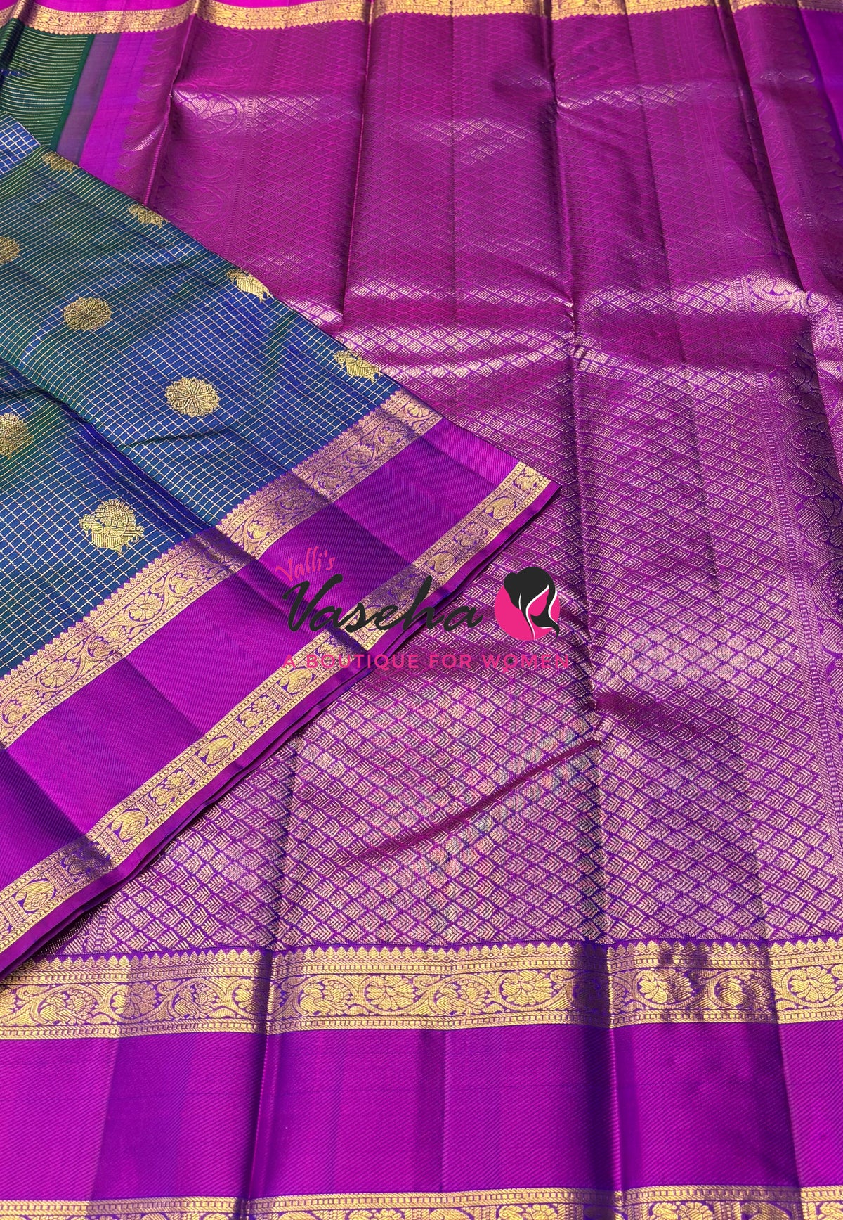 Pure Kanchipuram Silk Saree - Peacock Blue & Purplish Pink Combo - VVPS037