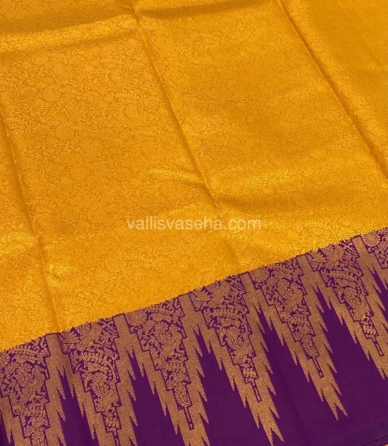 Kanchi Semi Silk - Dark Yellow With Purple - Temple Border  - VVKSS001