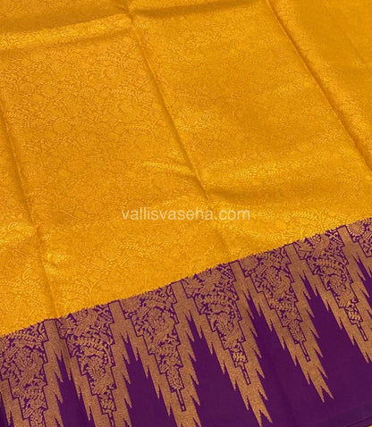 Kanchi Semi Silk - Dark Yellow With Purple - Temple Border  - VVKSS001