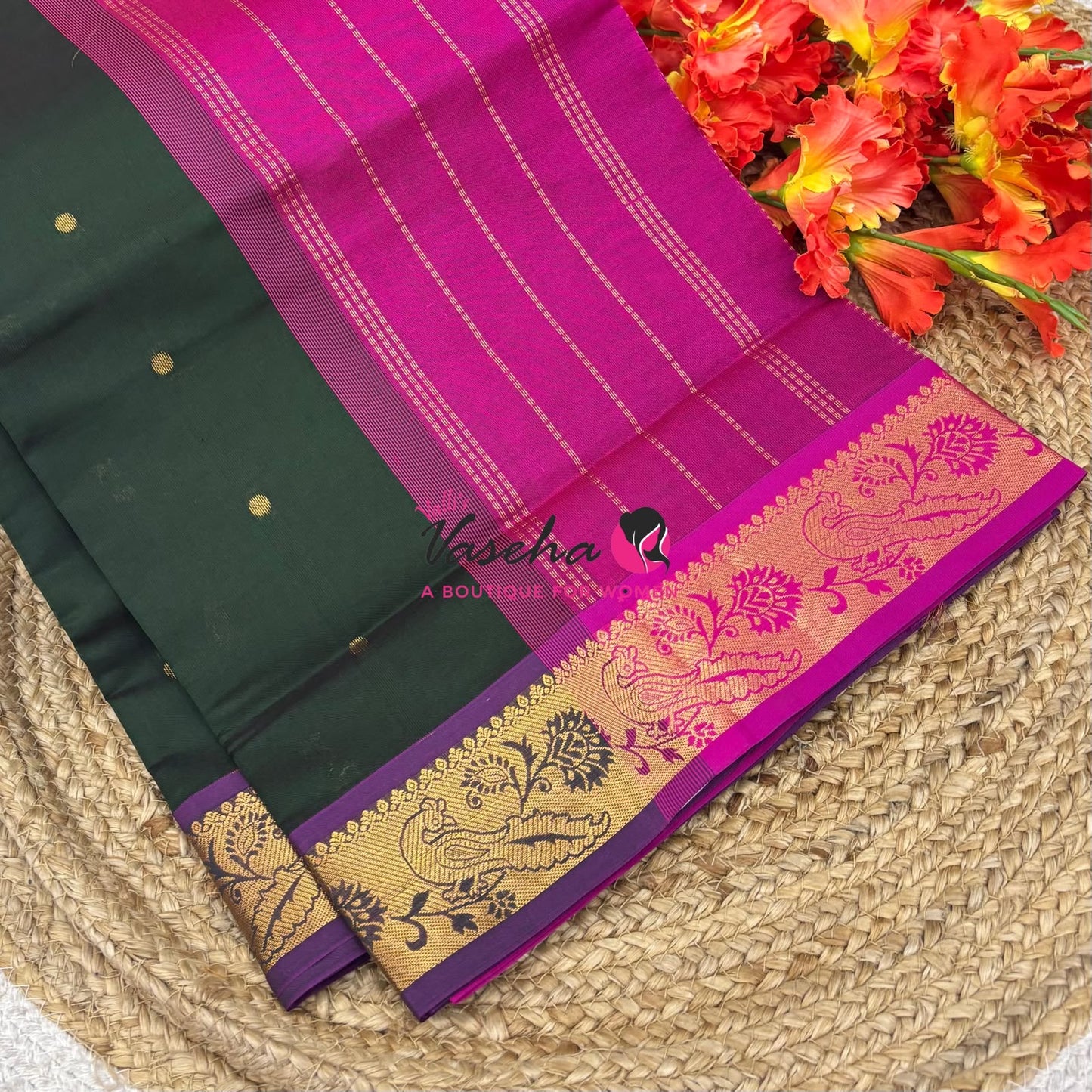Semi Silk Cotton Saree - Small Round with Zari Butta  -  VVSSC014