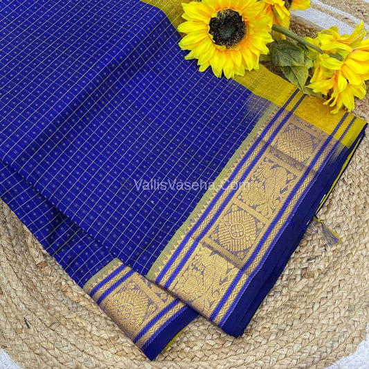 Pure Silk Cotton Saree - Blue with Lemon Yellow - Lakshadeepam Design - VVPLD001