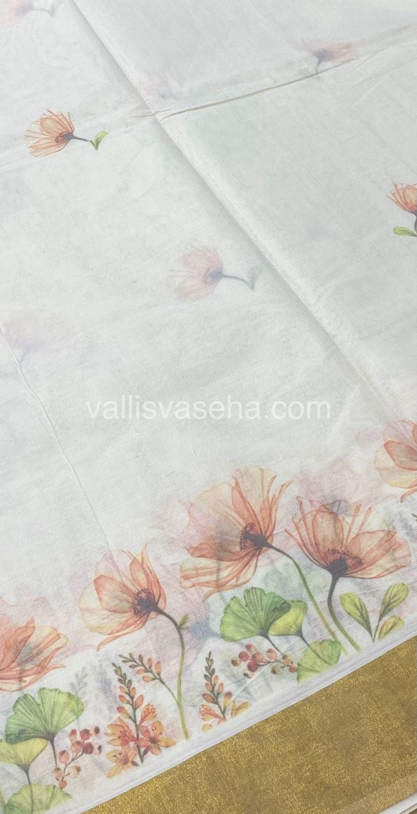 Kerala Cotton Saree - Cream With Golden Border - VVKCS001