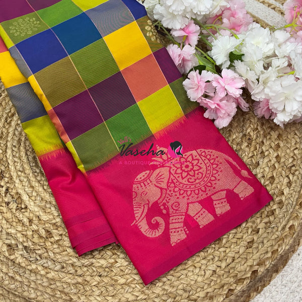 Semi Soft Silk  - Madras Checks Pattern -  Pink  Shade  - VVSSS042
