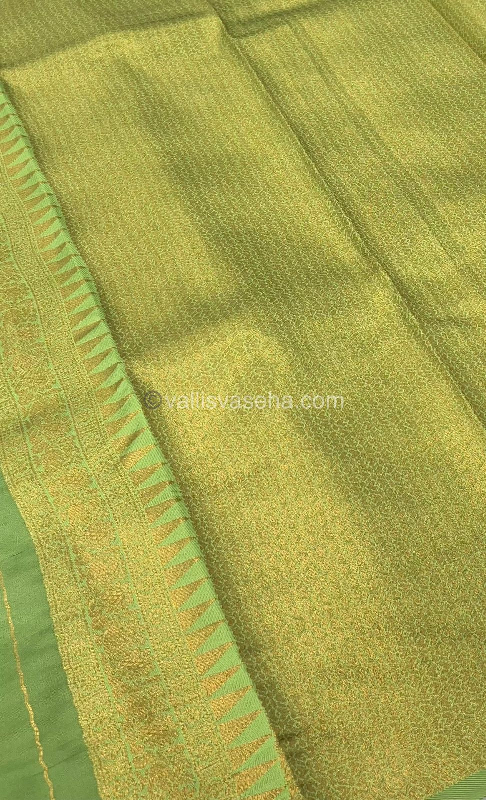 Kanchi Semi Silk -Yellow with Green - Mayil & Chakkaram design - VVKSS001