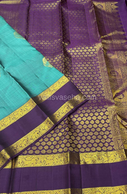 Pure Kanchipuram Silk Saree - Double tone Green with Wine Color mixed Purple Shade - Retta Petta Border - VVPS008