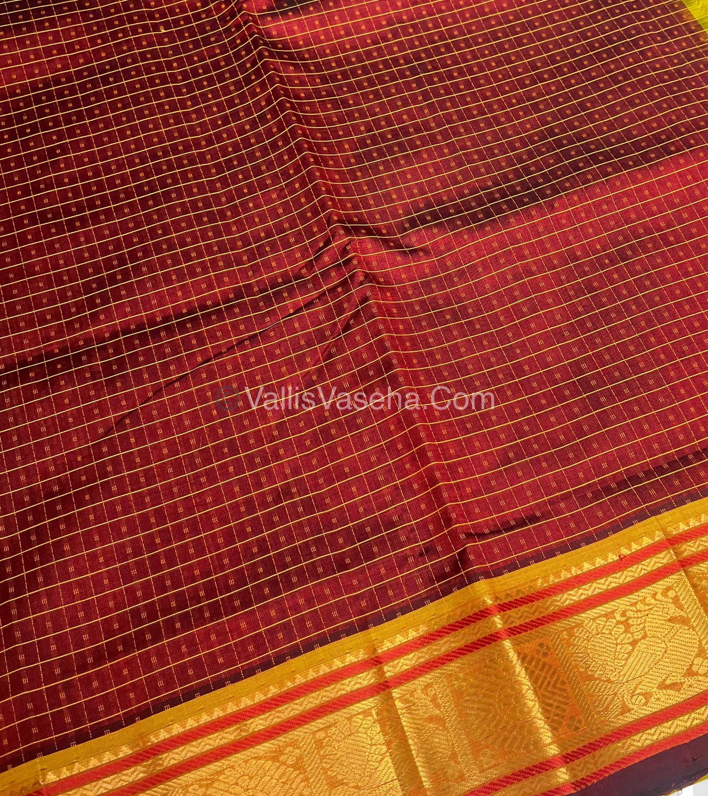 Pure Silk Cotton Saree - Maroon With Lemon Yellow Shade - Lakshadeepam Design - VVPLD001