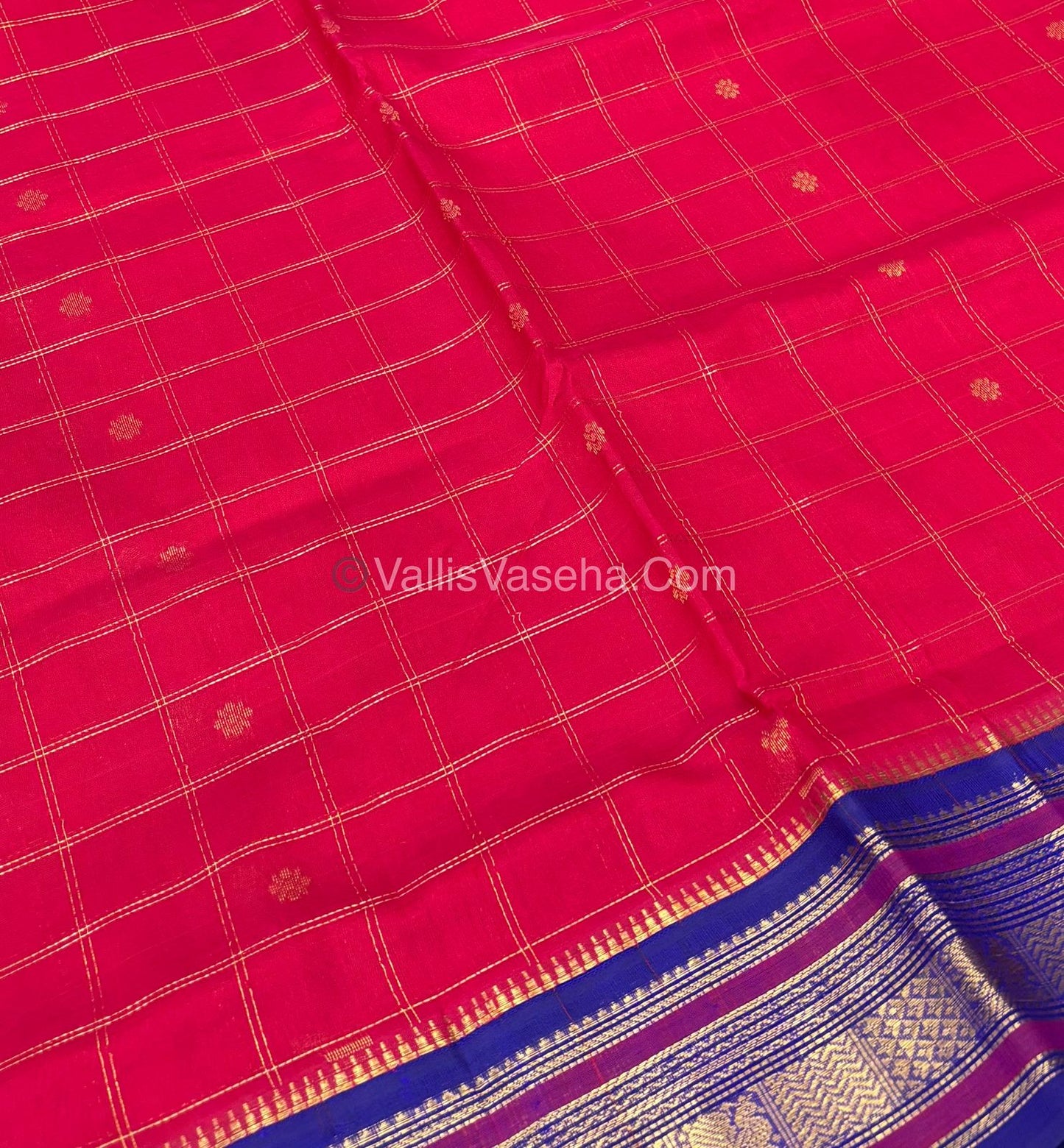 Pure Korvai Silk Cotton Saree - Red  With Blue - VVKSC020