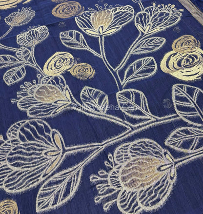 Linen Mixed Jute Silk Saree - Navy Blue Shade - VVLMJ002