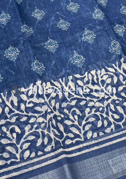Linen Mixed Cotton Saree - Indigo Blue - Printed - VVLMP001