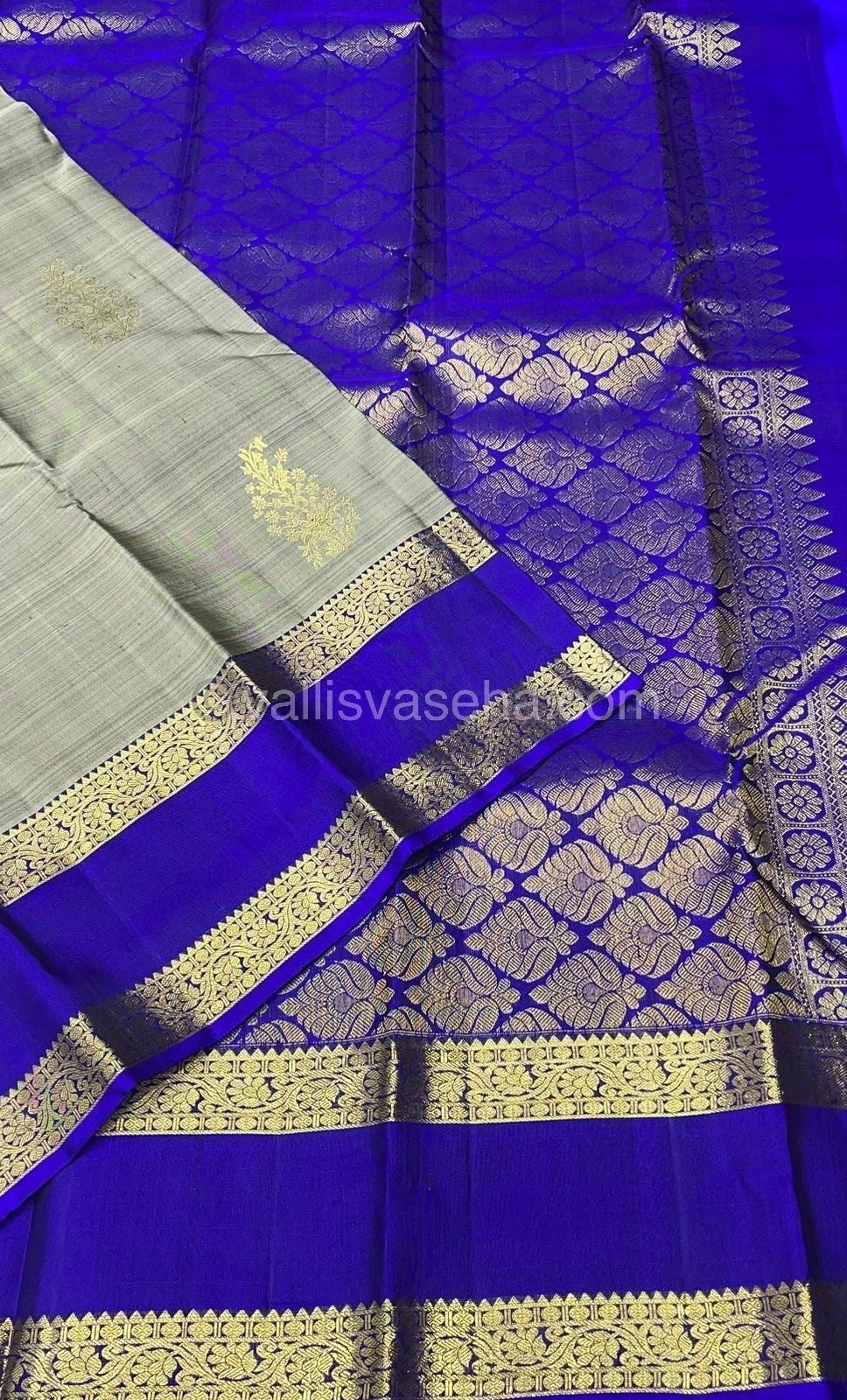 Pure Kanchipuram Silk Saree - Elegant Grey with Blue - Retta Petta Border - VVPS008