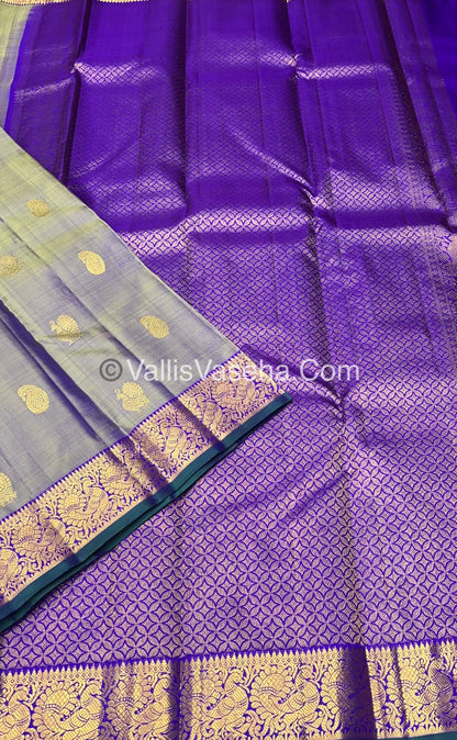Pure Kanchipuram Silk Saree - Double Tone Grey & Violet Combo - VVPS014