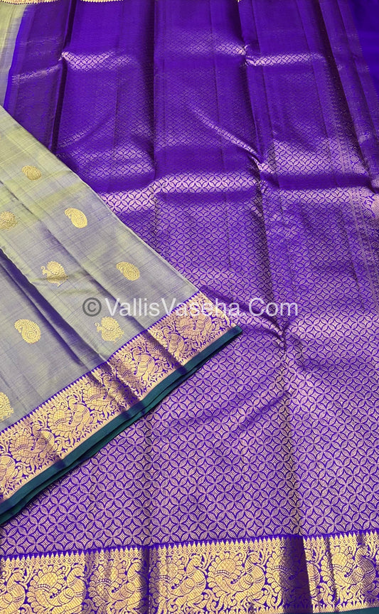 Pure Kanchipuram Silk Saree - Double Tone Grey & Violet Combo - VVPS014