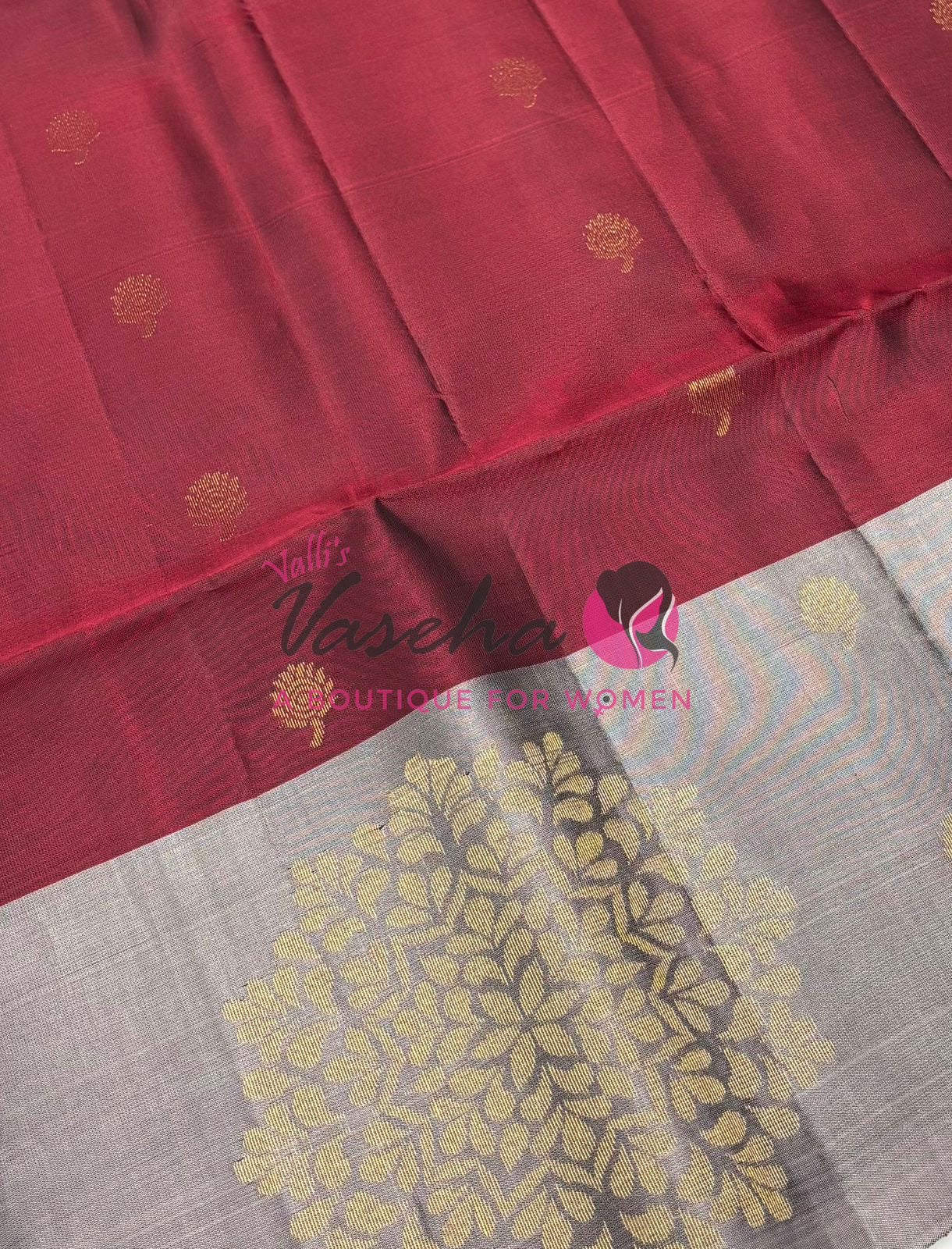 Pure Soft Silk Saree - (1.75 Warp) Shade Of Maroon & Grey Combo - VVPSS064