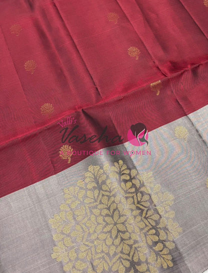 Pure Soft Silk Saree - (1.75 Warp) Shade Of Maroon & Grey Combo - VVPSS064