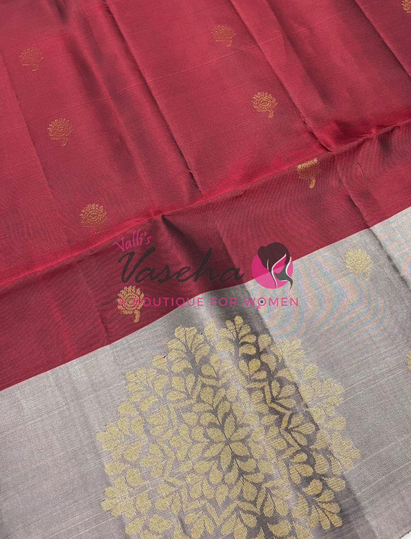 Pure Soft Silk Saree - (1.75 Warp) Shade Of Maroon & Grey Combo - VVPSS064