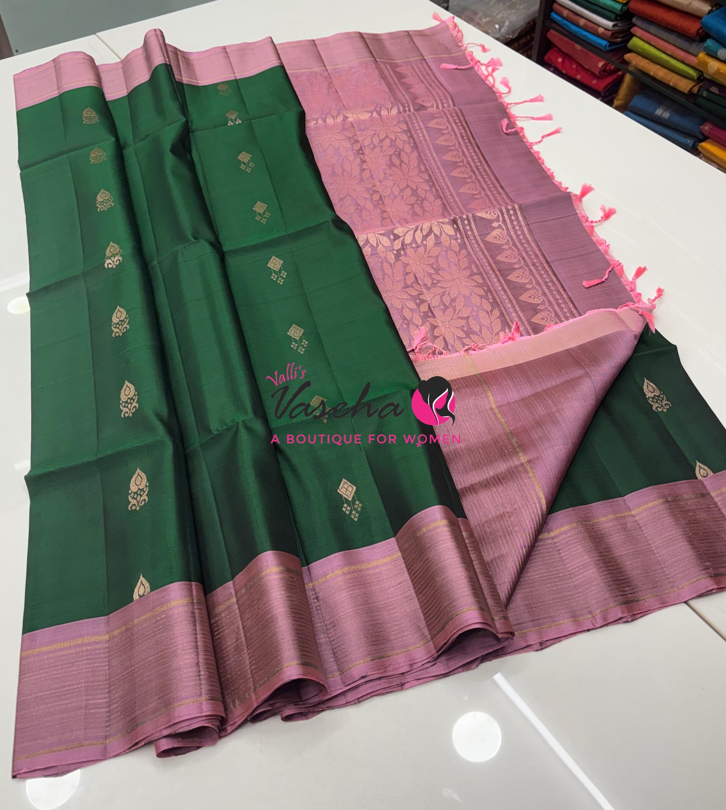 Half Mixed  Soft Silk Saree - (1.75 warp) Green & Onion Pink - VVPSS090