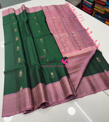 Half Mixed  Soft Silk Saree - (1.75 warp) Green & Onion Pink - VVPSS090