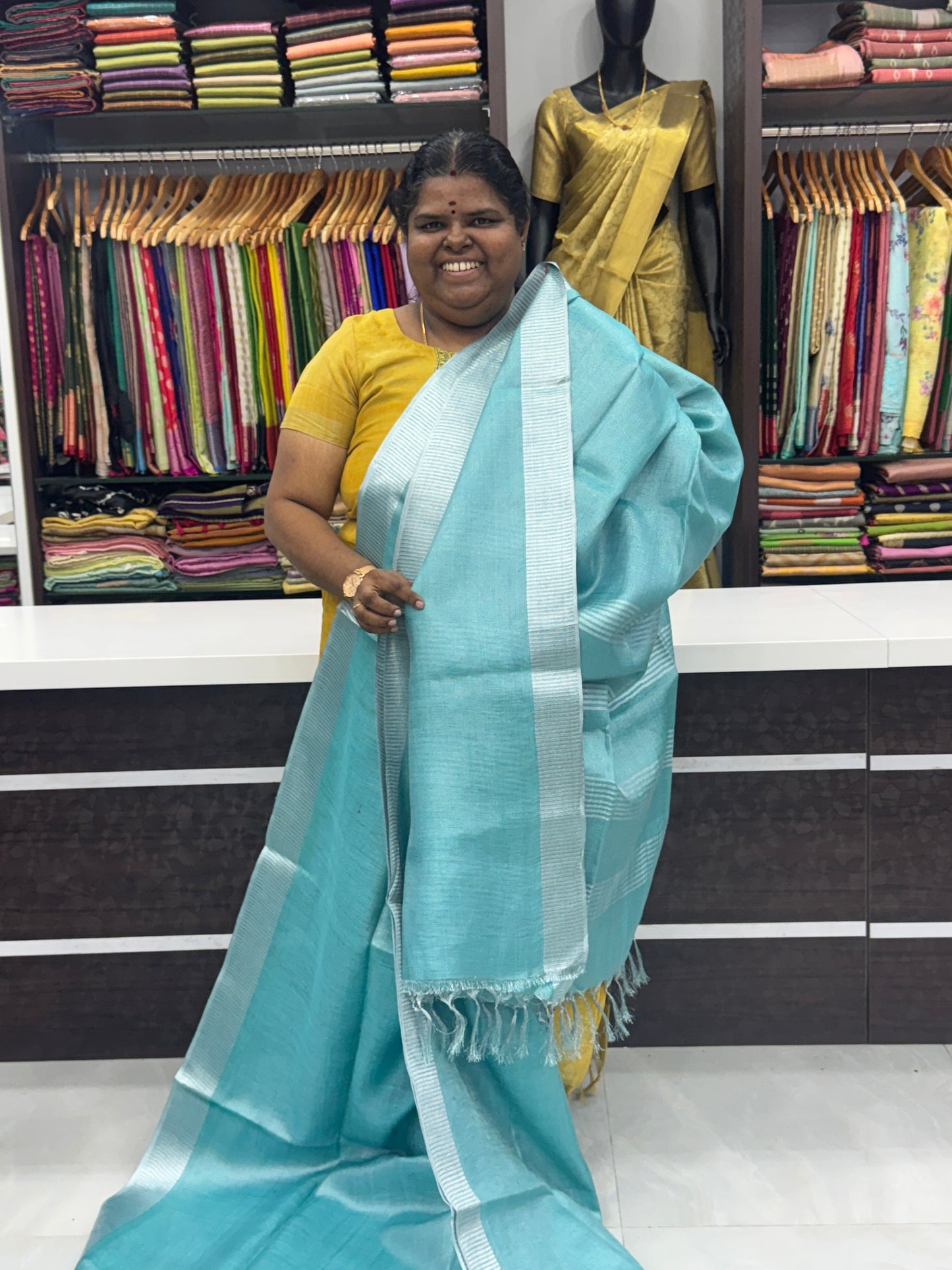 Tissue Linen Saree - Bluish Green - Double tone Shade - VVTLS001