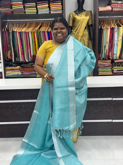 Tissue Linen Saree - Bluish Green - Double tone Shade - VVTLS001