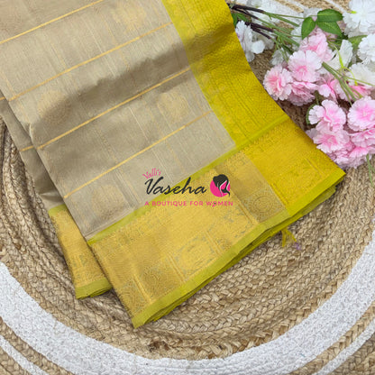 Pure Silk Cotton Saree - Mayil & Chakkaram Design - Cream With Lemon Yellow Shade - VVMC001
