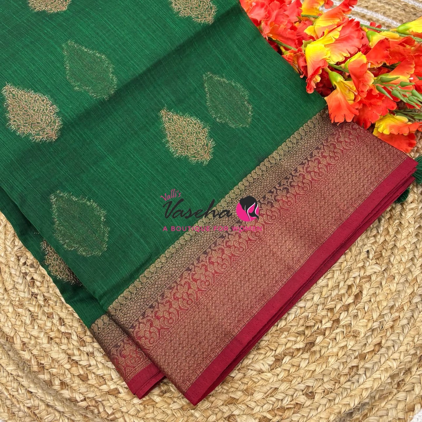 Bamboo Silk Saree - Green with Red - VVBSS018