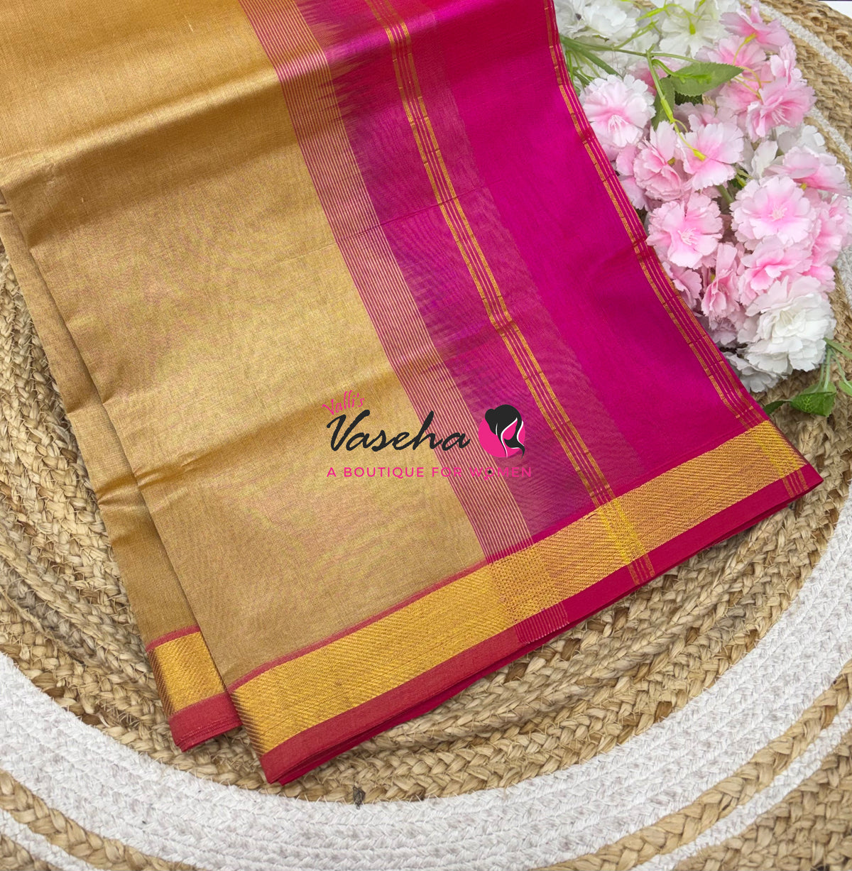 Pure Silk Cotton Sarees - Cream With Pink - VVPSC017