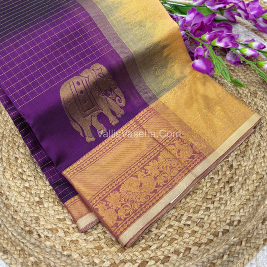 Pure Korvai Silk Cotton - Checks Pattern - Purple With Creamish Golden Shade  - VVKSC033