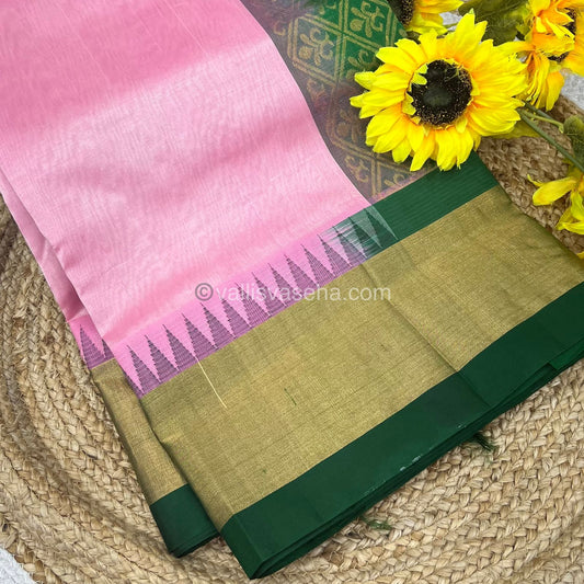 Pure Korvai Silk Cotton Saree -  Pink With Green Shade Temple border - VVKSC001