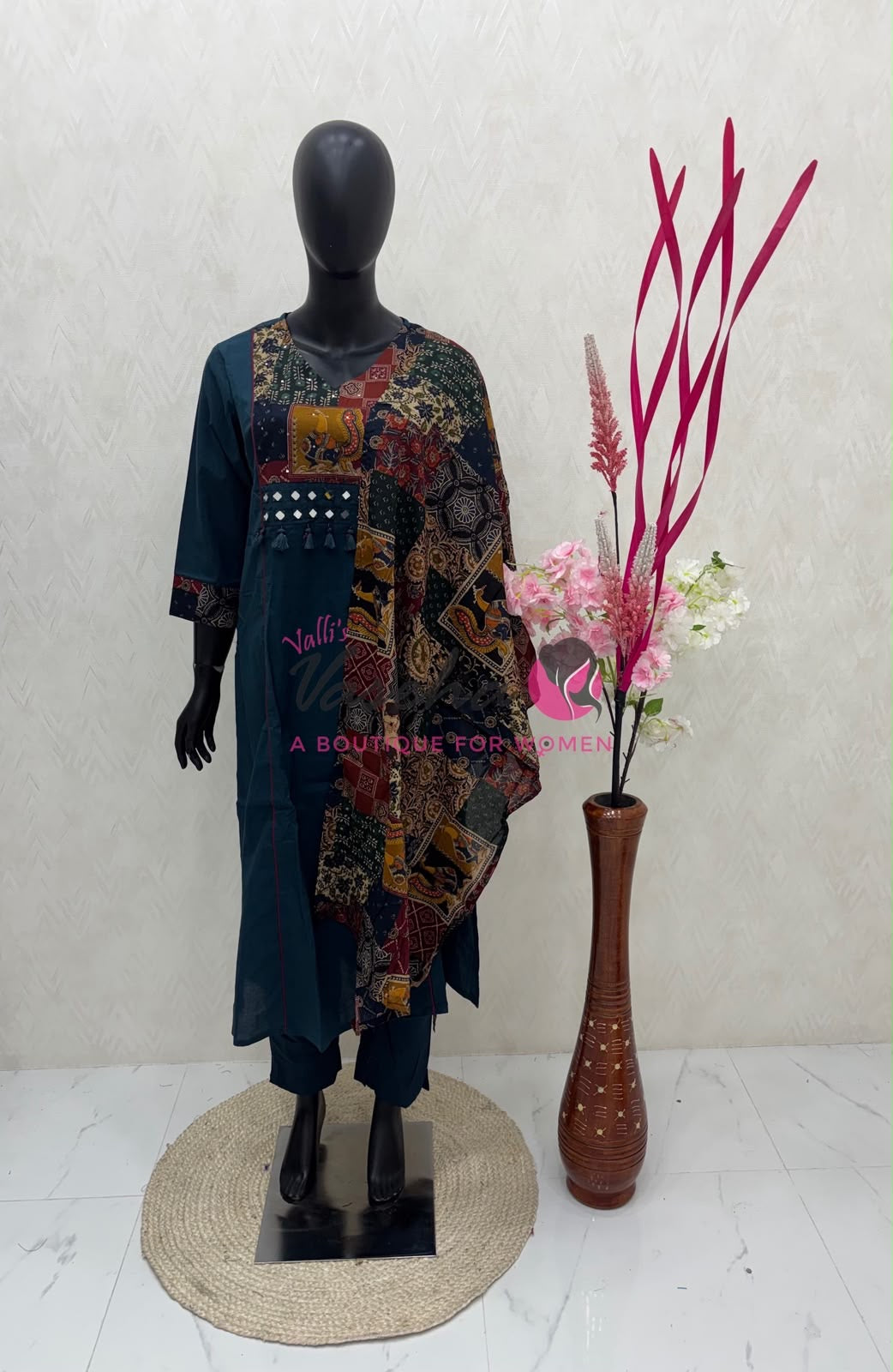 Readymade 3pc Set - Ramar Blue - V Neck Kalamkari / Ajrakh Design - VVRMS010