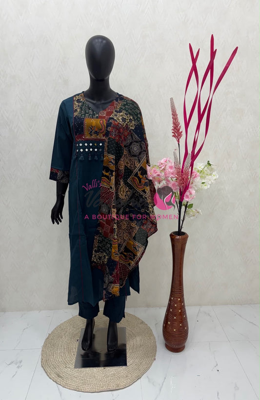 Readymade 3pc Set - Ramar Blue - V Neck Kalamkari / Ajrakh Design - VVRMS010