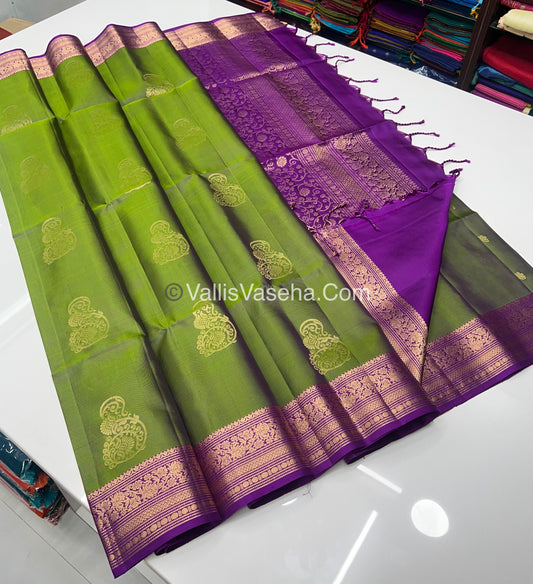 Pure Soft Silk Saree - Kanchi Border - Green & Purple Combo - VVPSS046