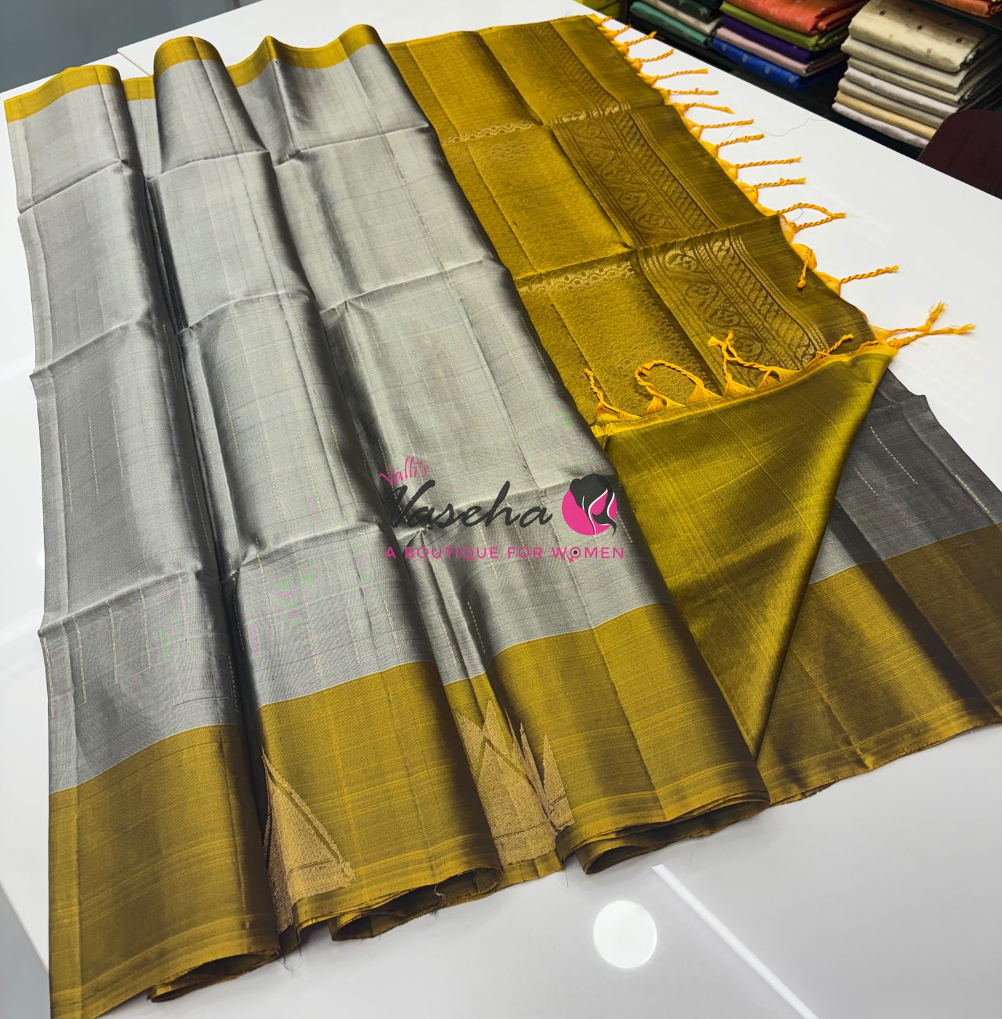 Half Mixed  Soft Silk Saree - Grey & Lemon Green - VVPSS077
