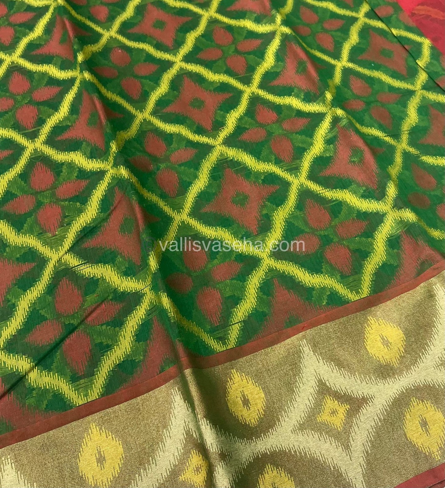 Banarasi Pochampally Weaving Semi Soft Cotton Saree - Green with Merun - VVBPS001