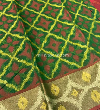 Banarasi Pochampally Weaving Semi Soft Cotton Saree - Green with Merun - VVBPS001