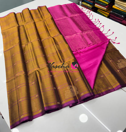 Pure Soft Silk Saree - Mustard Yellow & Pink Combo - VVPSS114